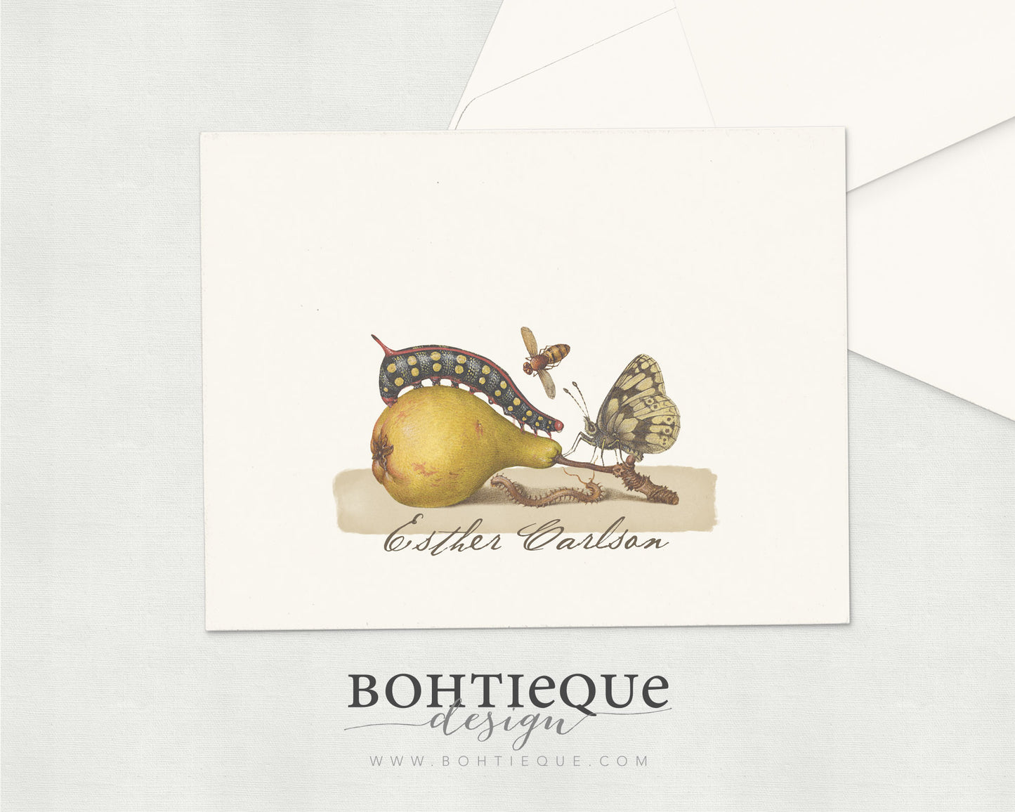 Calligraphy on Butterfly and Pear Folded Notecard Set