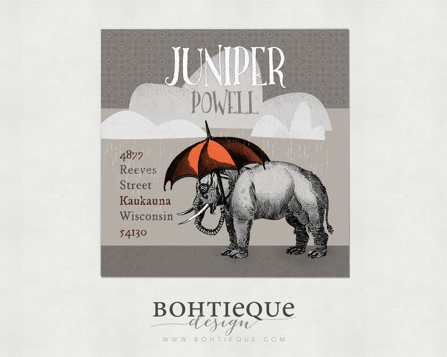 Juniper, the Gothic Elephant with Umbrella Return Address Label