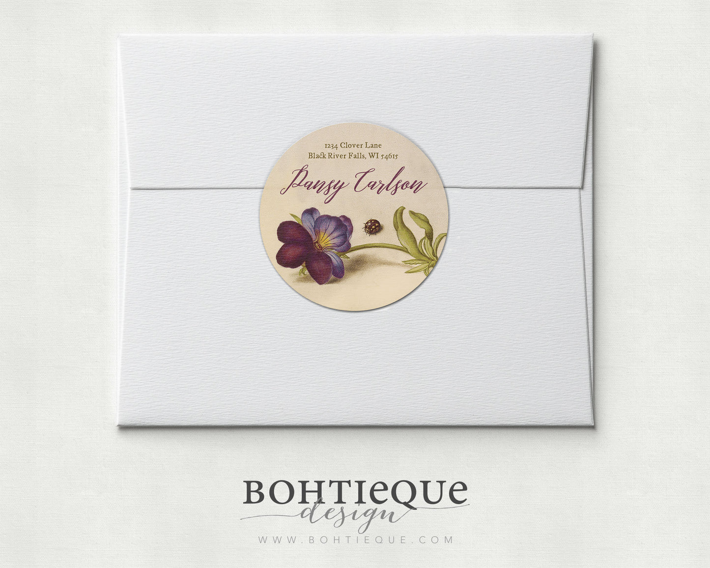 Calligraphy on Pansy and Ladybug Vintage Illustration Return Address Label