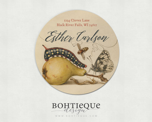 Calligraphy on Butterfly, Caterpillar, Pear and Centipede Vintage Illustration Return Address Label