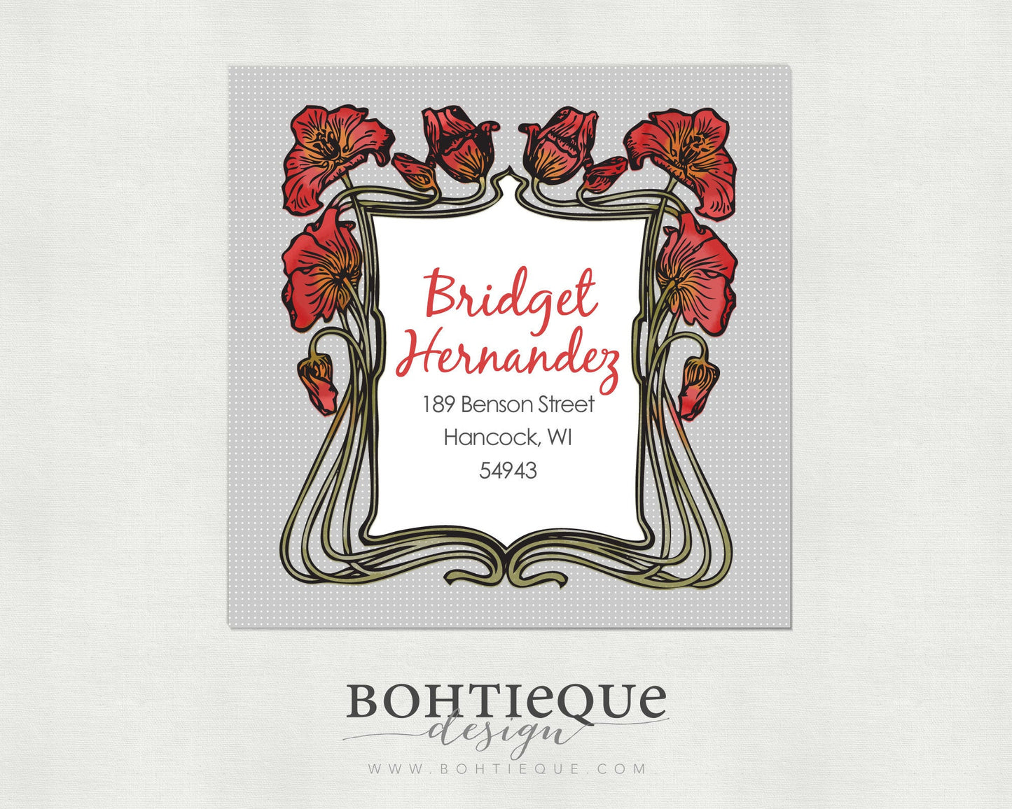 Red Poppies Grey Square Address Labels