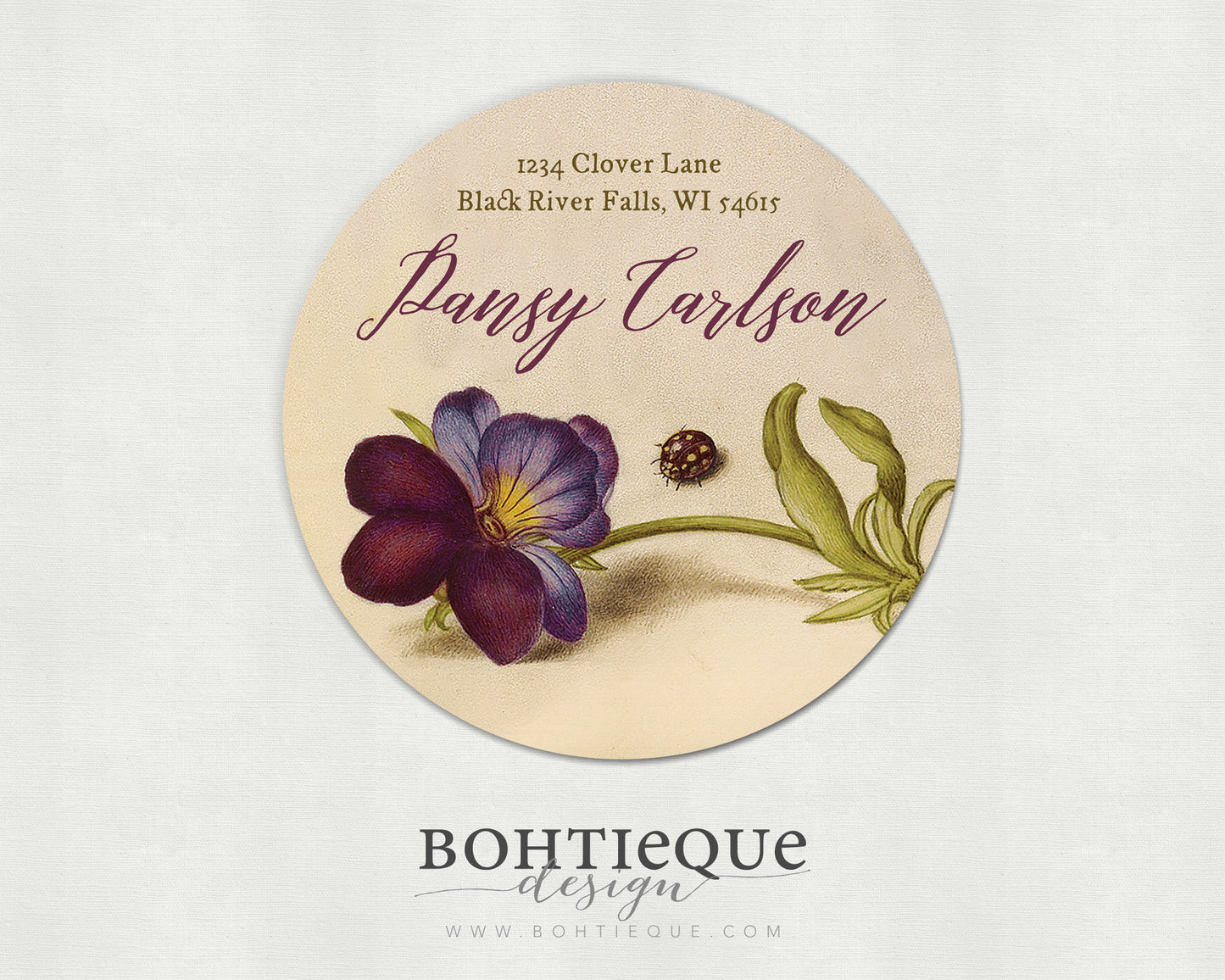 Calligraphy on Pansy and Ladybug Vintage Illustration Return Address Label