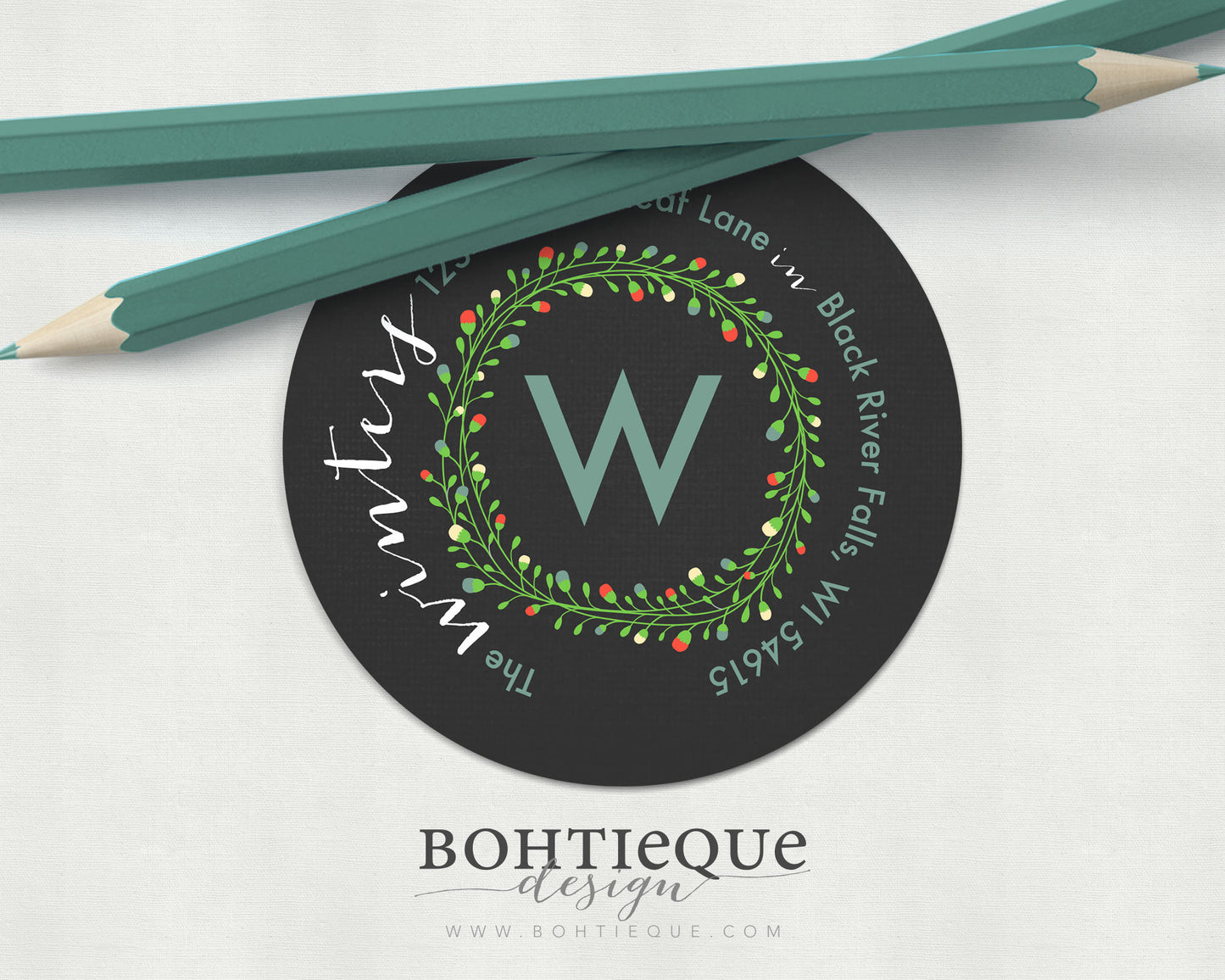 Black Calligraphy Wreath Return Address Stickers